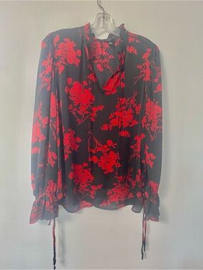Haver of London Size Large Black & Red Floral V-Neck Long Sleeve Blouse in EUC